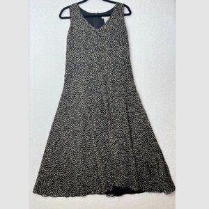 VTG Coldwater Creek 100% Silk Black Tan Polka Dots Aline Midi Classic Dress Sz 8